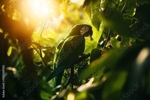 Vibrant Tropical Parrot Perched Among Lush Greenery, Bathed in Soft Morning Light, Capturing the Essence of Exotic Wildlife in a Rainforest Habitat.