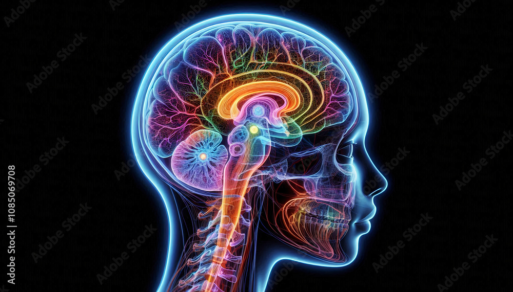 Side view of a glowing human brain illustration with vibrant neural connections and intricate details Side view of a glowing human brain illustration with vibrant neural connections and intricate details