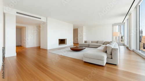 Modern living room, neutral tones, beige sofa. A spacious, modern living room featuring large windows, light wood flooring, and minimalist furniture, creating an open and airy atmosphere.