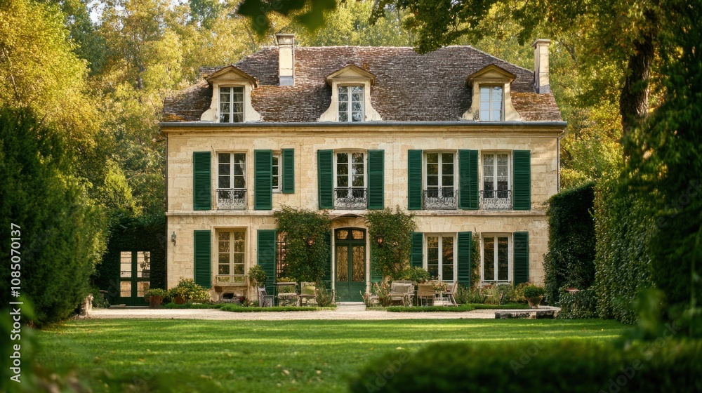 French country home with dark green shutters, adding an elegant touch to classic architecture French country home with dark green shutters, adding an elegant touch to classic architecture