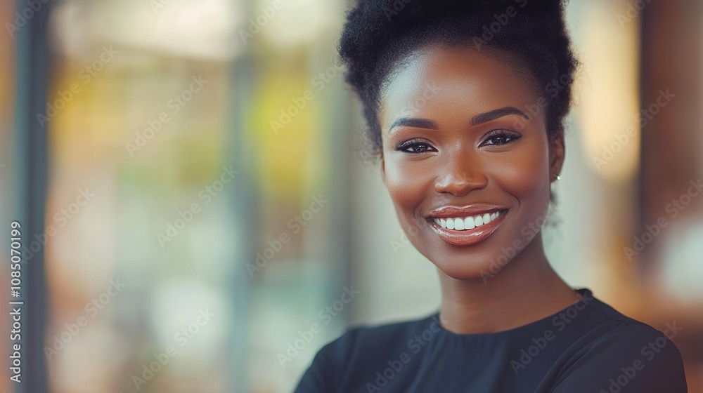 Elegant Black Woman Smiling in a Professional Setting, Radiating Confidence and Joy, Capturing a Moment of Empowerment and Positivity with Natural Light and Warm Background Elegant Black Woman Smiling in a Professional Setting, Radiating Confidence and Joy, Capturing a Moment of Empowerment and Positivity with Natural Light and Warm Background
