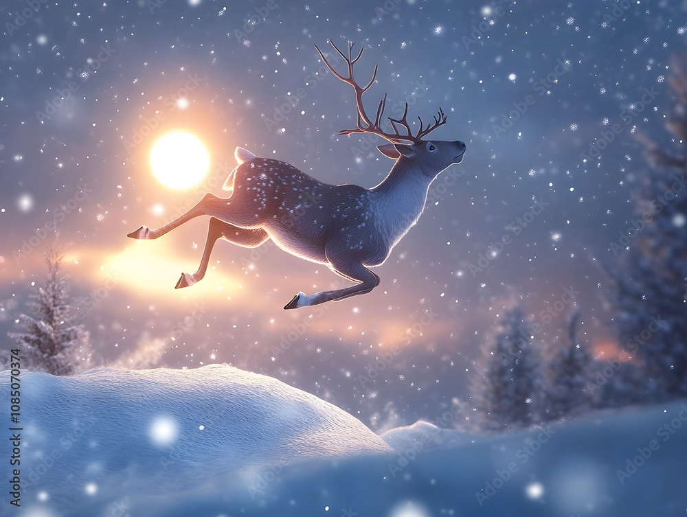 Majestic Reindeer Leaps Through a Snowy Landscape Under a Glowing Sunset, Creating a Serene Winter Scene Filled with Soft Snowflakes and Tranquil Light Majestic Reindeer Leaps Through a Snowy Landscape Under a Glowing Sunset, Creating a Serene Winter Scene Filled with Soft Snowflakes and Tranquil Light
