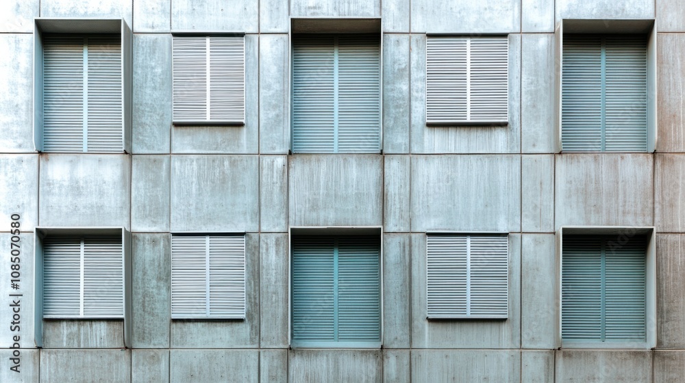 Modern architecture with steel shutters on windows, giving a sleek, industrial style to the facade Modern architecture with steel shutters on windows, giving a sleek, industrial style to the facade
