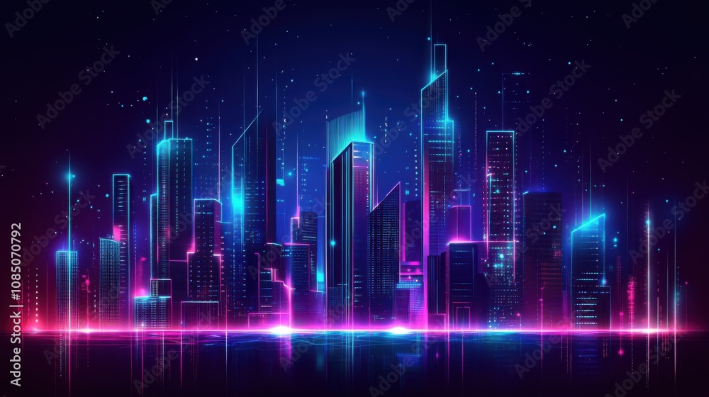 Fototapeta premium Abstract futuristic city with neon lights. Futuristic cityscape. Vector illustration.
