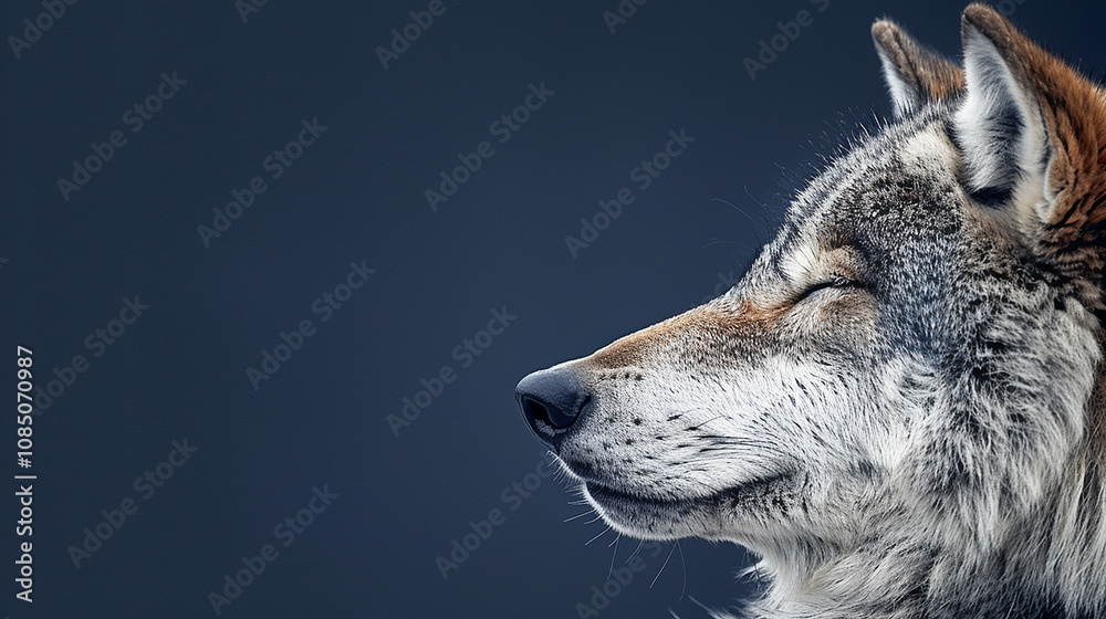 Fototapeta premium Stunning Close-Up of a Majestic Wolf Relaxing in Profile with Soft Light and Dark Background, Emphasizing the Details of Its Fur and Features