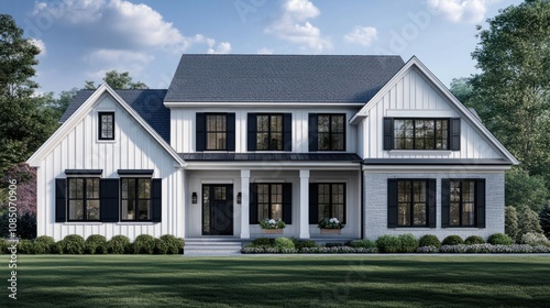 Obraz na płótnie Modern home with black shutters on windows, contrasting with white siding for a sleek finish w salonie