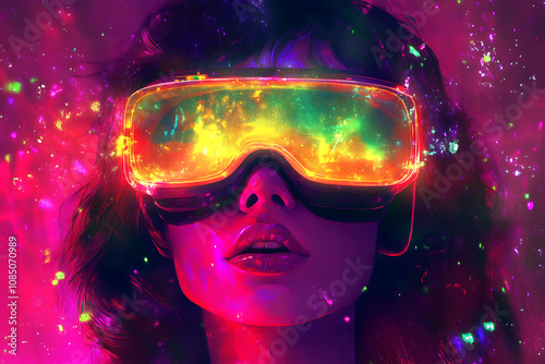 A vibrant portrait of a woman wearing glowing VR goggles amidst a colorful cosmic background.