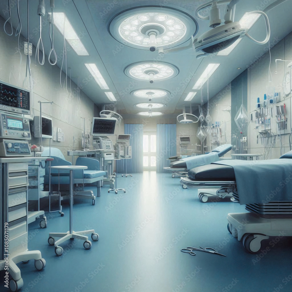 Modern operating room equipped with advanced medical technology, bright lighting, and organized surgical tools Modern operating room equipped with advanced medical technology, bright lighting, and organized surgical tools