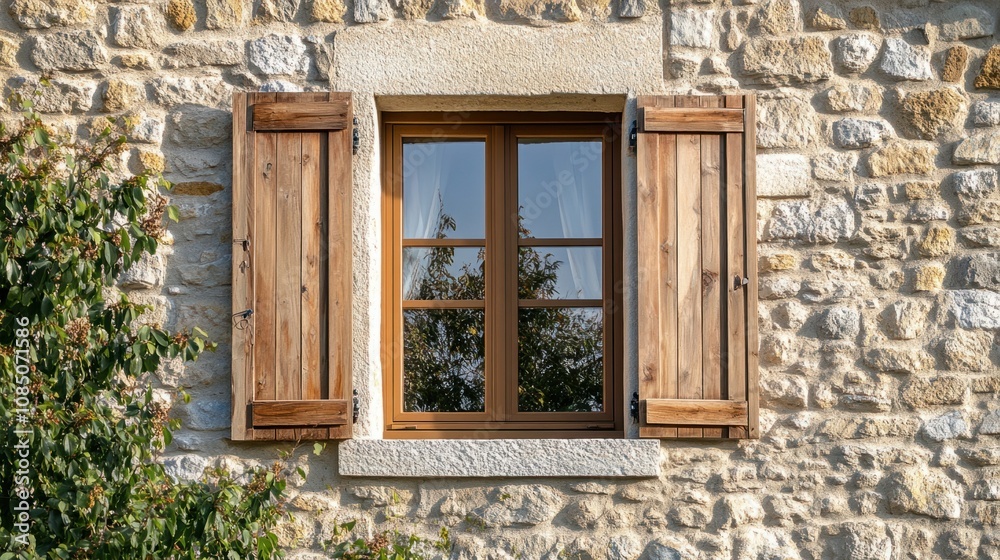 Rustic stone home with natural wood shutters, adding warmth and charm to the windows Rustic stone home with natural wood shutters, adding warmth and charm to the windows