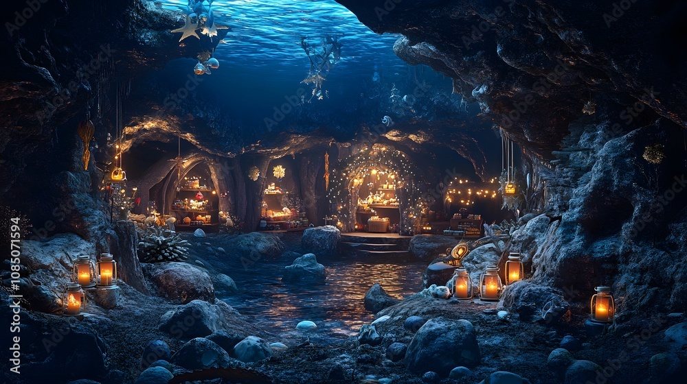 Enchanted Underwater Cave with Soft Glowing Lanterns and Mystical Decor, Ideal for Fantasy Inquiries and Enchanting Narratives