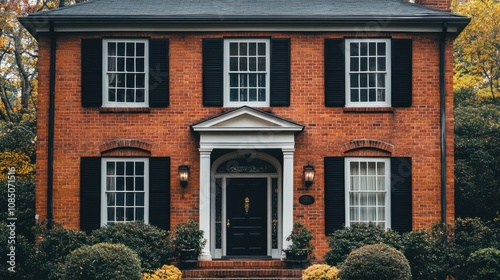 Red brick house with classic black shutters, adding depth and style to the windows photo