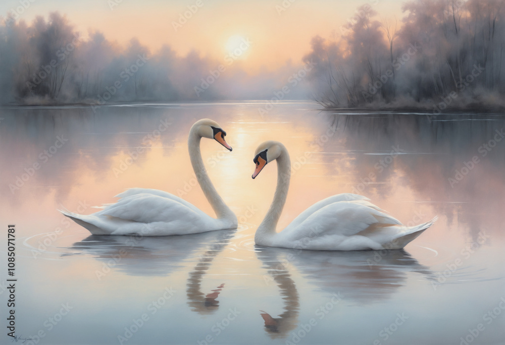 Two swans on a misty lake with reflections at sunrise Two swans on a misty lake with reflections at sunrise