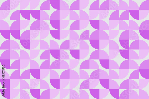 Arrangement of quarter circle pieces in purple and lilac color palette on white background. Abstract geometric pattern background.