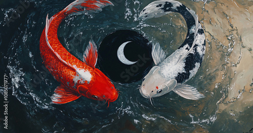 fancy carps swimming symbolizes yin and yang, Doitsu Yamabukiogon , Hikari Mujimono.  koi fish swimming together in carp pond. It's Taoist symbol that represents interconnected power of universe.