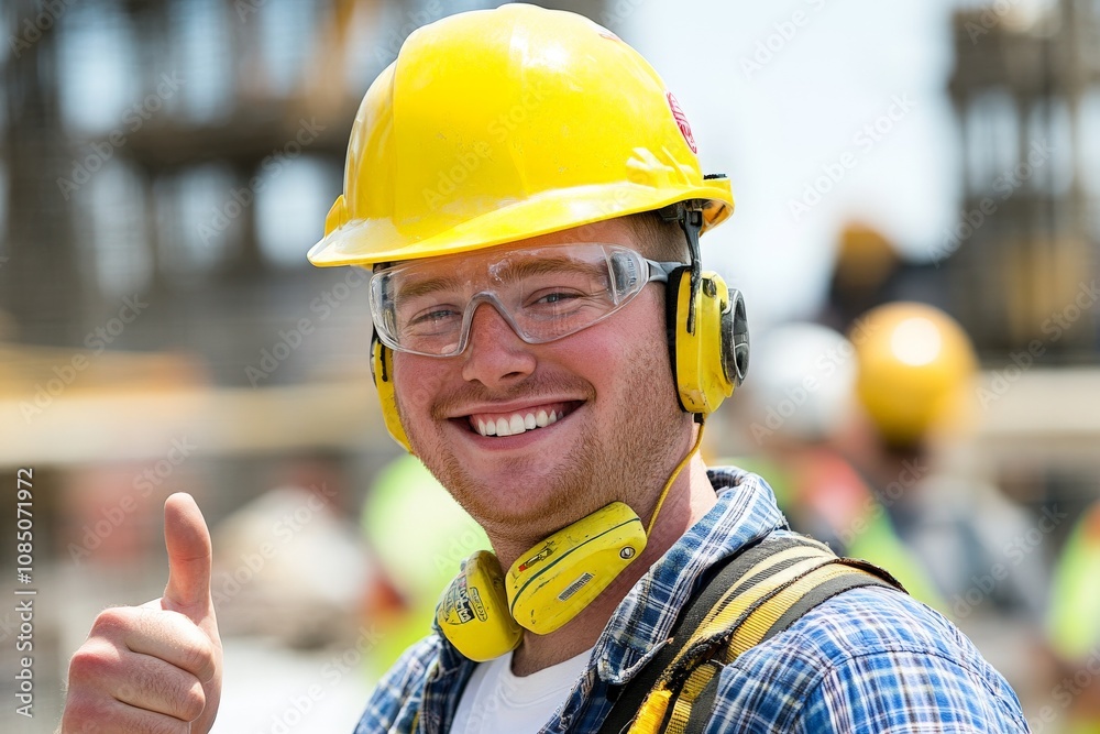 Happy construction worker in safety gear, smiling with a thumbs up, showcasing a positive work environment on a busy construction site. Happy construction worker in safety gear, smiling with a thumbs up, showcasing a positive work environment on a busy construction site.