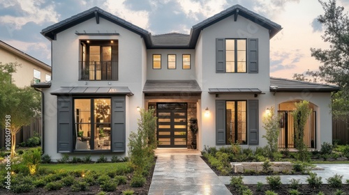 Stylish gray house with matching gray shutters, creating a monochrome and modern look