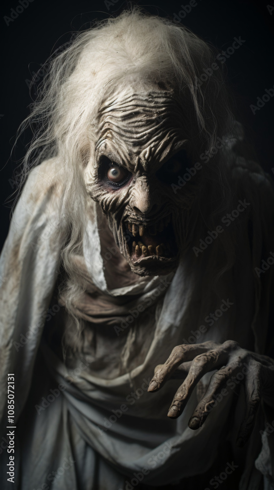 A medium shot of a scary character posing, with an eerie expression and dramatic lighting, creating a chilling atmosphere. A medium shot of a scary character posing, with an eerie expression and dramatic lighting, creating a chilling atmosphere.