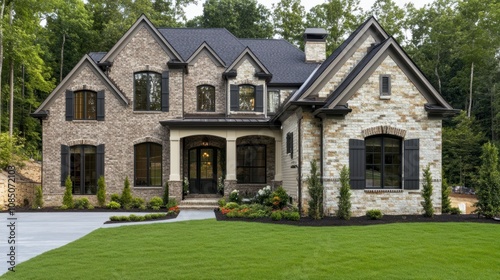 Traditional home with dark shutters on tall windows, providing a timeless, elegant touch