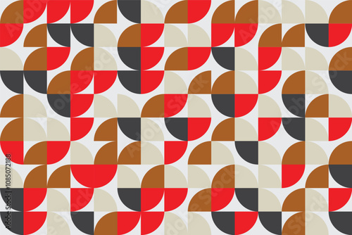 Arrangement of quarter circle pieces in black, red, brown and beige colors. Abstract geometric pattern background.