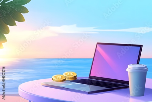 A laptop on the table with an online store, next to it is Bitcoin coins in a cartoon style, against the background of a sea beach
