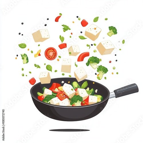 Colorful stir-fry with vegetables and tofu in a frying pan. isolated white background photo