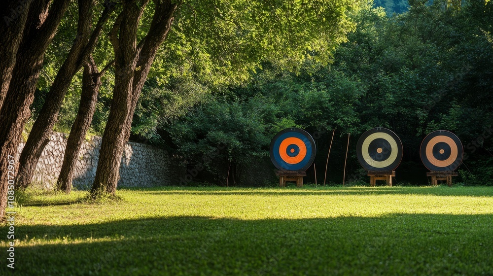 Fototapeta premium A tranquil archery range amidst serene natural surroundings, Archery gear elegantly displayed, Outdoor sporting style