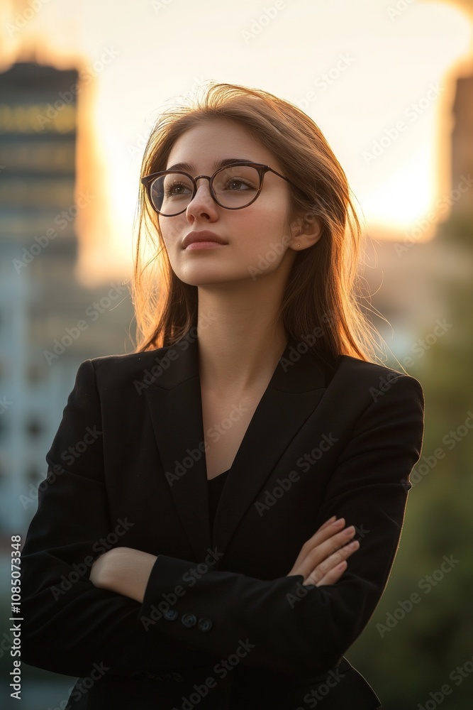 Confident young woman in glasses wearing a black suit, standing with arms crossed against a urban sunset backdrop, embodying empowerment and professionalism. Confident young woman in glasses wearing a black suit, standing with arms crossed against a urban sunset backdrop, embodying empowerment and professionalism.