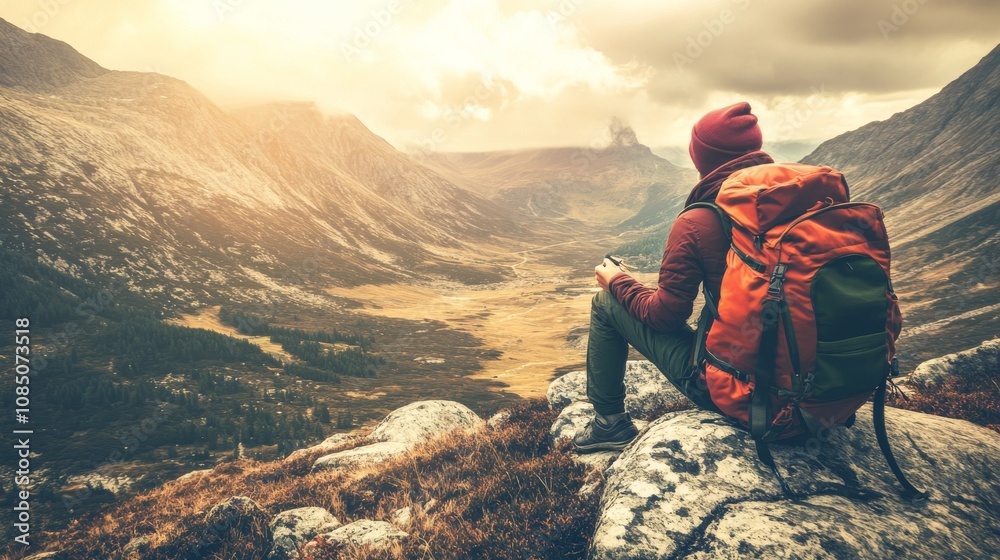 Fototapeta premium Adventurer enjoying a scenic mountain view.