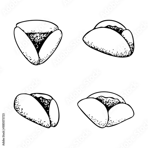 Purim Hamantaschen cookies black and white vector illustration. Traditional Jewish triangle cookies Oznei Haman for holiday party. Hand drawn ink sketch