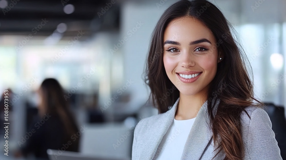 Smiling Young Woman in Office Setting with Professional Attire and Natural Makeup, Displaying Confidence and Approachability in Modern Workspace Smiling Young Woman in Office Setting with Professional Attire and Natural Makeup, Displaying Confidence and Approachability in Modern Workspace