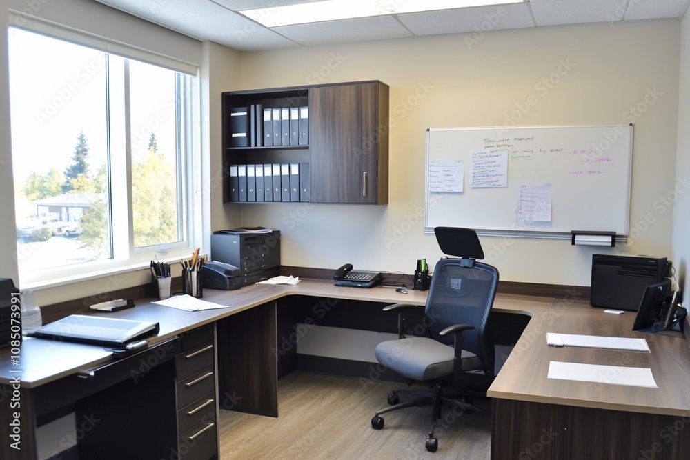 Fototapeta premium Modern Office Space with Desk, Chair, and Whiteboard