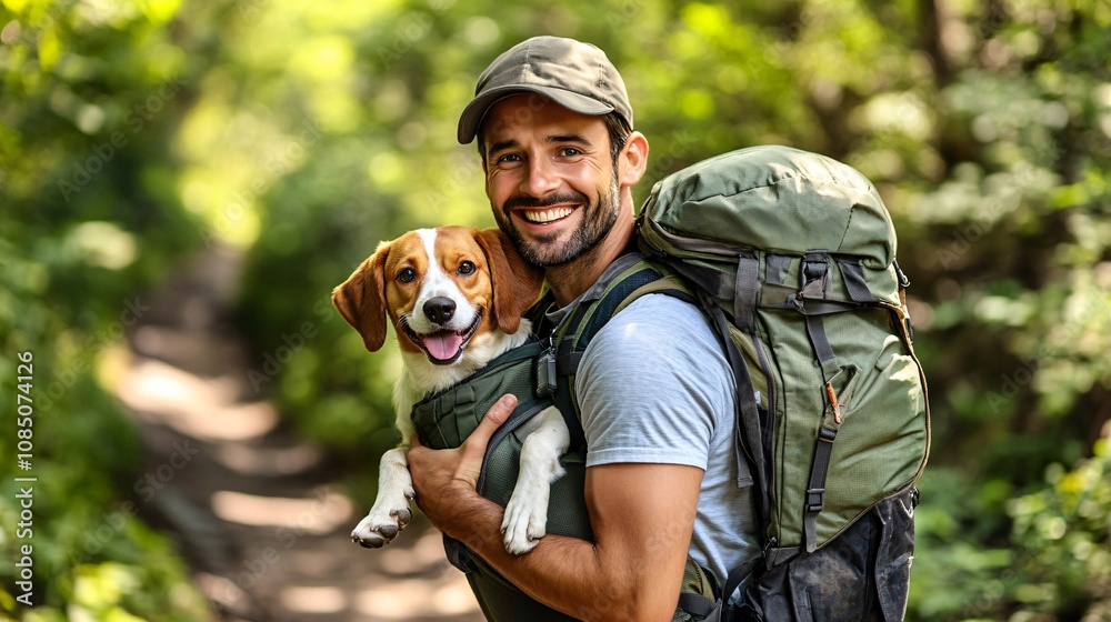 Owner using a comfortable dog carrier backpack in a sunny hiking area highlighting practical pet travel products with side empty space for text Stockphoto style Owner using a comfortable dog carrier backpack in a sunny hiking area highlighting practical pet travel products with side empty space for text Stockphoto style