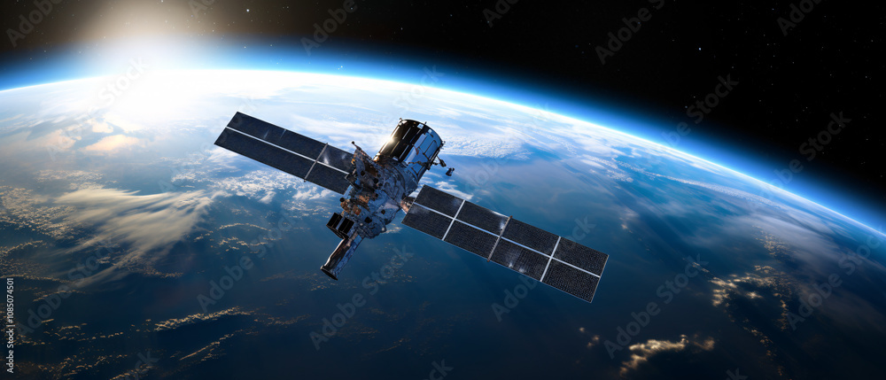 Obraz premium A satellite approaching Earth, captured in space with Earth’s curvature visible, showcasing a technological and cosmic perspective.