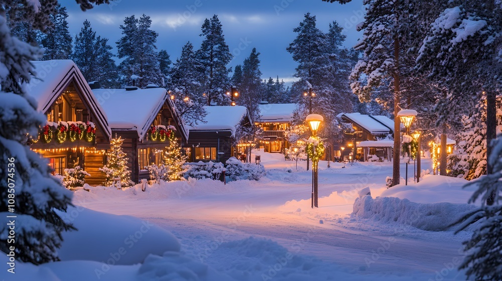 Serene Winter Village Scene with Snow-Covered Cabins, Soft Glow of Street Lamps, and Festive Decorations Amidst Evergreen Trees and Gentle Twilight Sky