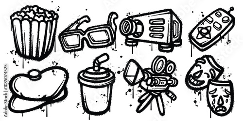 Set of graffiti spray paint cinema elements vector illustration