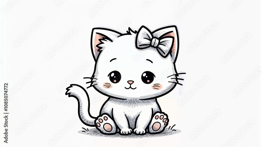 Cute kitten with a bow, black and white image. Coloring for children Cute kitten with a bow, black and white image. Coloring for children