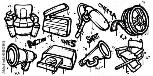 Set of graffiti spray paint cinema  equipment elements vector illustration