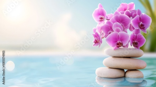 Beautiful orchids resting on smooth stones.