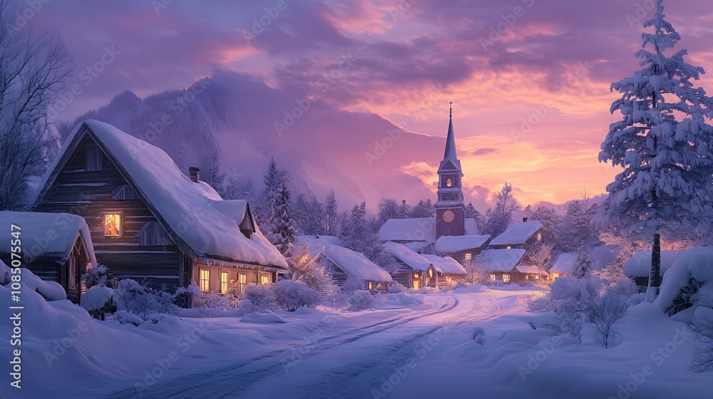 Serene Winter Village Scene at Dusk with Snow-Covered Homes, A Church Steeple, Twilight Colors, and a Peaceful Atmosphere in the Mountains Serene Winter Village Scene at Dusk with Snow-Covered Homes, A Church Steeple, Twilight Colors, and a Peaceful Atmosphere in the Mountains