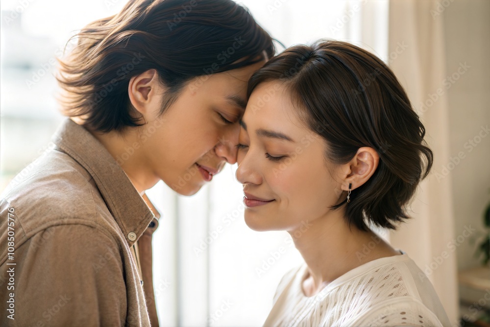 Romantic Asian couple sharing an ear whisper with gentle smiles in a bright indoor setting Romantic Asian couple sharing an ear whisper with gentle smiles in a bright indoor setting