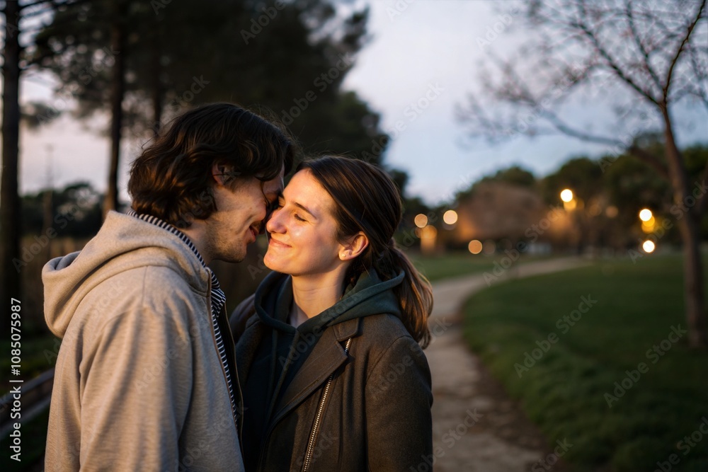 Fototapeta premium Couple ear whispering love in a romantic park setting during twilight with soft lighting