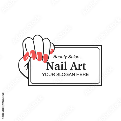 Nail art studio Beauty salon logo template. Woman hand holding a board, showing beautiful red nails. Nails polish Modern design for beauty center, spa salon, manicure and pedicure 