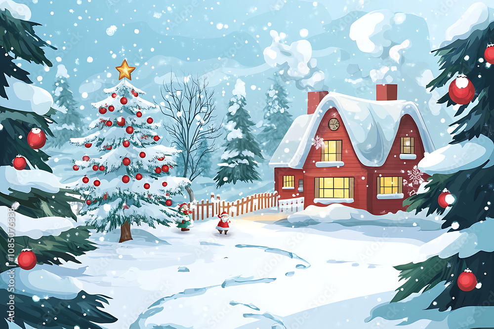 A cozy winter scene featuring a snow-covered house, decorated Christmas tree, and Santa. A cozy winter scene featuring a snow-covered house, decorated Christmas tree, and Santa.