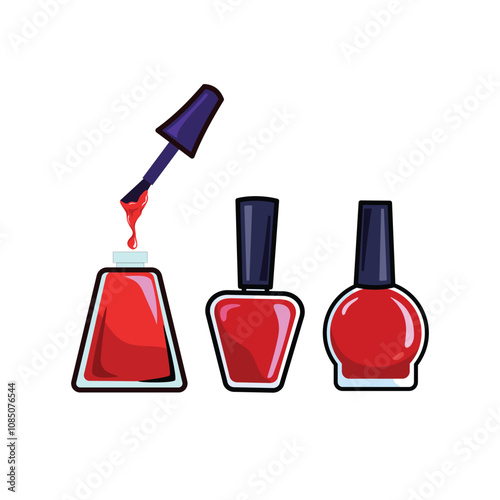 Set vector illustration of nail polish bottles, Red colors. Nail lacquer or gel, Beauty Cosmetics for manicure