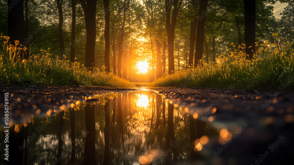 Obraz premium Serene Sunrise in a Forest with Reflective Puddle