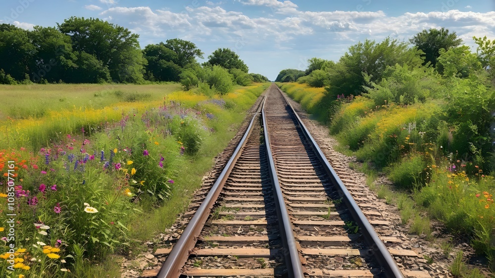 Obraz premium The railway track, a steel ribbon, winds through a vibrant meadow. It leads the eye towards the distant horizon, where the sky meets the earth in a breathtaking panorama