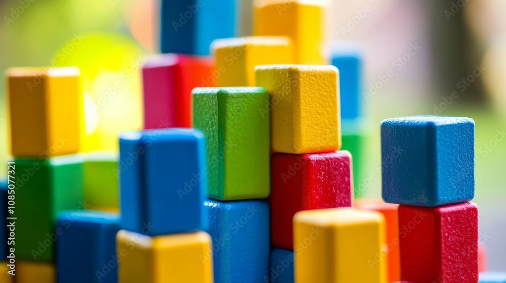 A tranquil block-building setup with colorful bricks arranged creatively, Playful construction style, photo of A tranquil block-building setup with colorful bricks arranged creatively, Playful construction style, photo of