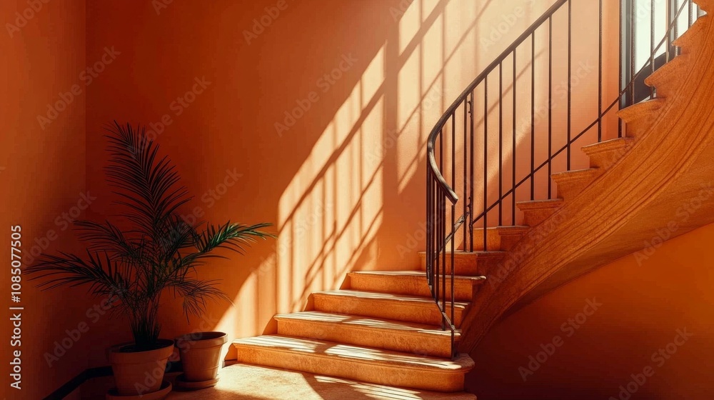 Obraz premium Elegant Spiral Staircase with Natural Light and Plant