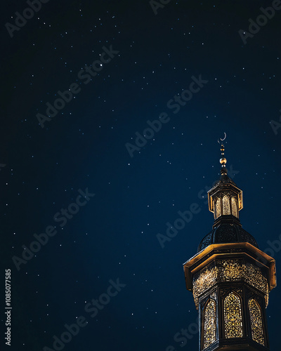 Islamic decoration background with lantern and crescent moon luxury style, ramadan kareem, mawlid, iftar, isra miraj, eid al fitr adha, muharram, copy space text area, 3D illustration.
