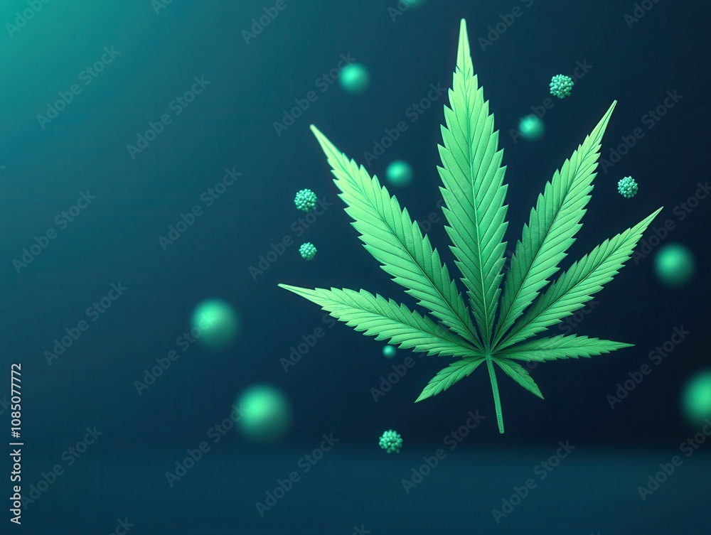 cannabis leaves growth therapy concept. A vibrant green cannabis leaf surrounded by floating spheres, set against a dark, gradient background, evoking a modern and organic feel. cannabis leaves growth therapy concept. A vibrant green cannabis leaf surrounded by floating spheres, set against a dark, gradient background, evoking a modern and organic feel.